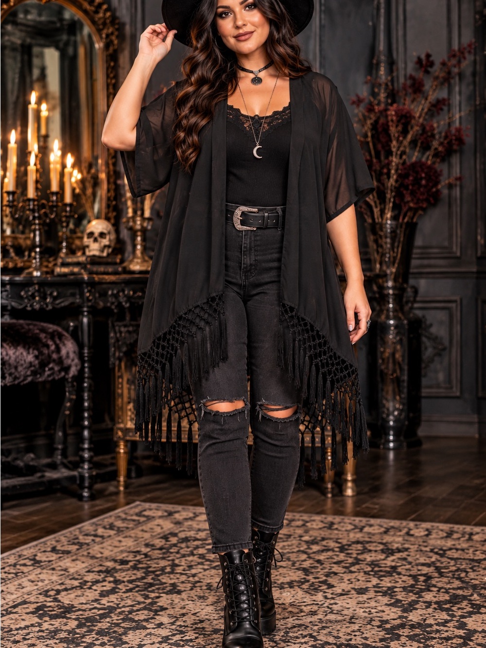 Windsor Elegant Sheer Black Kimono with Fringe SZMed Classy/Dressy/Boho/Casual